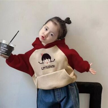 Cozy cartoon fleece color-block kids hoodie for winter