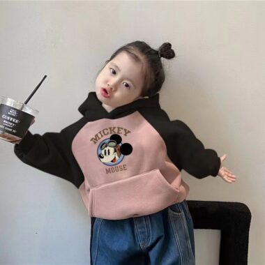 Cozy cartoon fleece color-block kids hoodie for winter