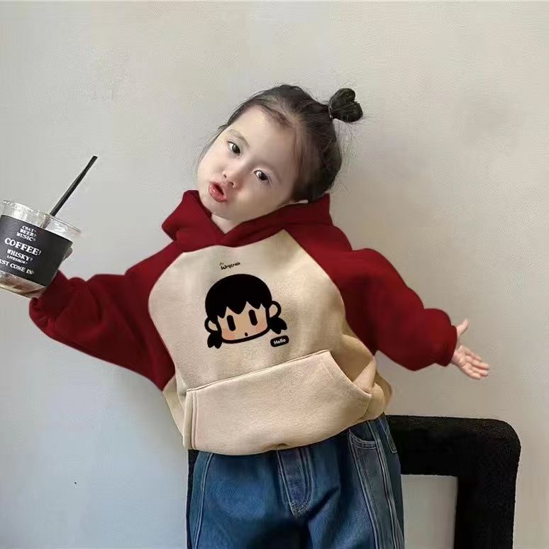 Cozy cartoon fleece color-block kids hoodie for winter