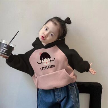 Cozy cartoon fleece color-block kids hoodie for winter