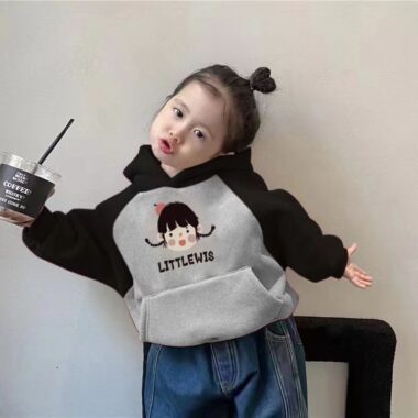 Cozy cartoon fleece color-block kids hoodie for winter