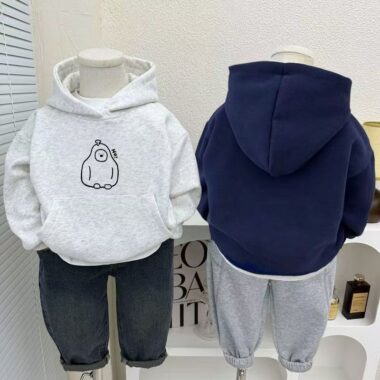 Minimalist cartoon autumn winter warm fleece kids hoodie