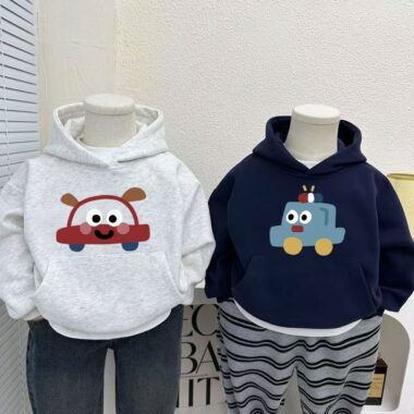 Stylish autumn winter car cartoon unisex fleece kids hoodie