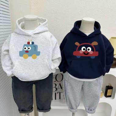 Stylish autumn winter car cartoon unisex fleece kids hoodie