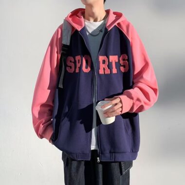 Loose color block spring autumn men’s casual zip hoodie
