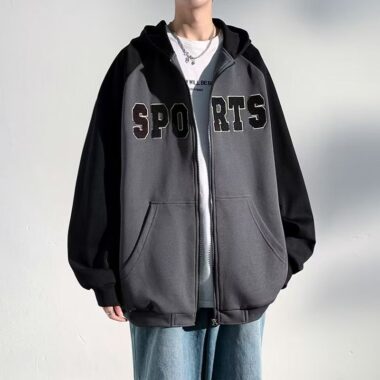Loose color block spring autumn men’s casual zip hoodie
