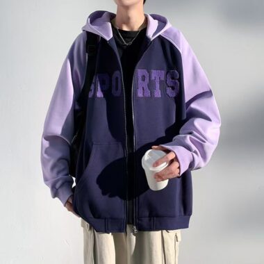 Loose color block spring autumn men’s casual zip hoodie