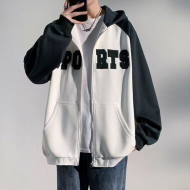 Loose color block spring autumn men’s casual zip hoodie