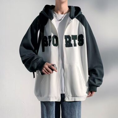 Loose color block spring autumn men’s casual zip hoodie