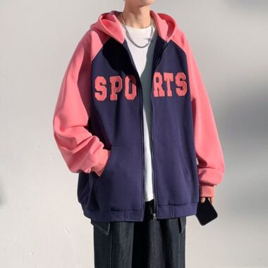 Loose color block spring autumn men’s casual zip hoodie