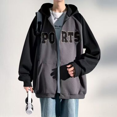 Loose color block spring autumn men’s casual zip hoodie