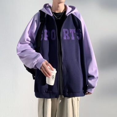 Loose color block spring autumn men’s casual zip hoodie