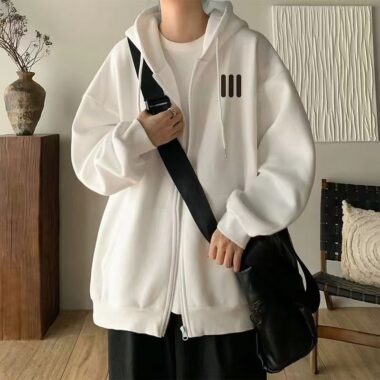 Fleece loose casual men’s autumn winter warm zip hoodie