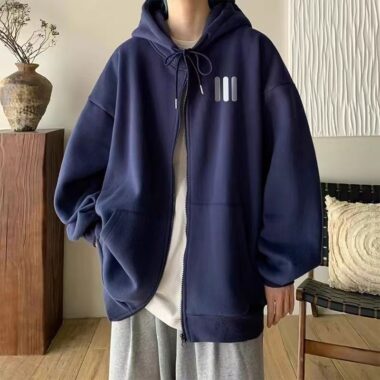 Fleece loose casual men’s autumn winter warm zip hoodie