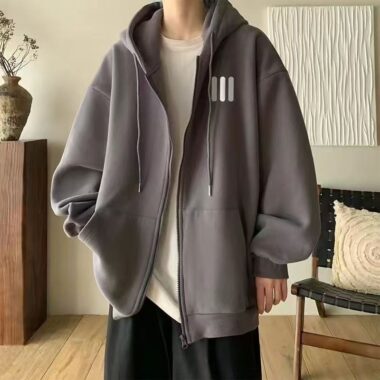 Fleece loose casual men’s autumn winter warm zip hoodie