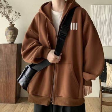 Fleece loose casual men’s autumn winter warm zip hoodie