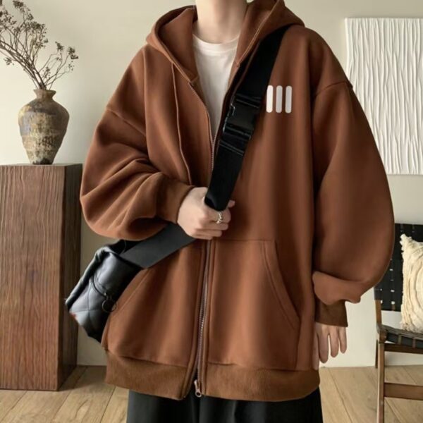 Fleece loose casual men’s autumn winter warm zip hoodie