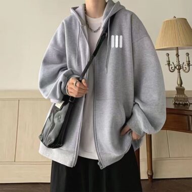 Fleece loose casual men’s autumn winter warm zip hoodie