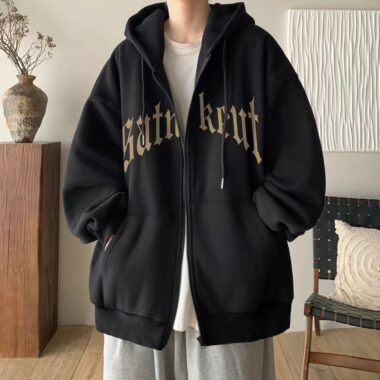 Thick fleece American casual letter print winter men’s zip hoodie