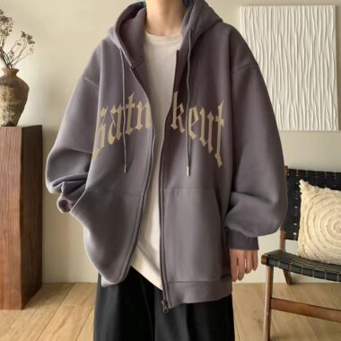 Thick fleece American casual letter print winter men’s zip hoodie