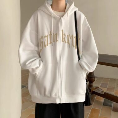 Thick fleece American casual letter print winter men’s zip hoodie