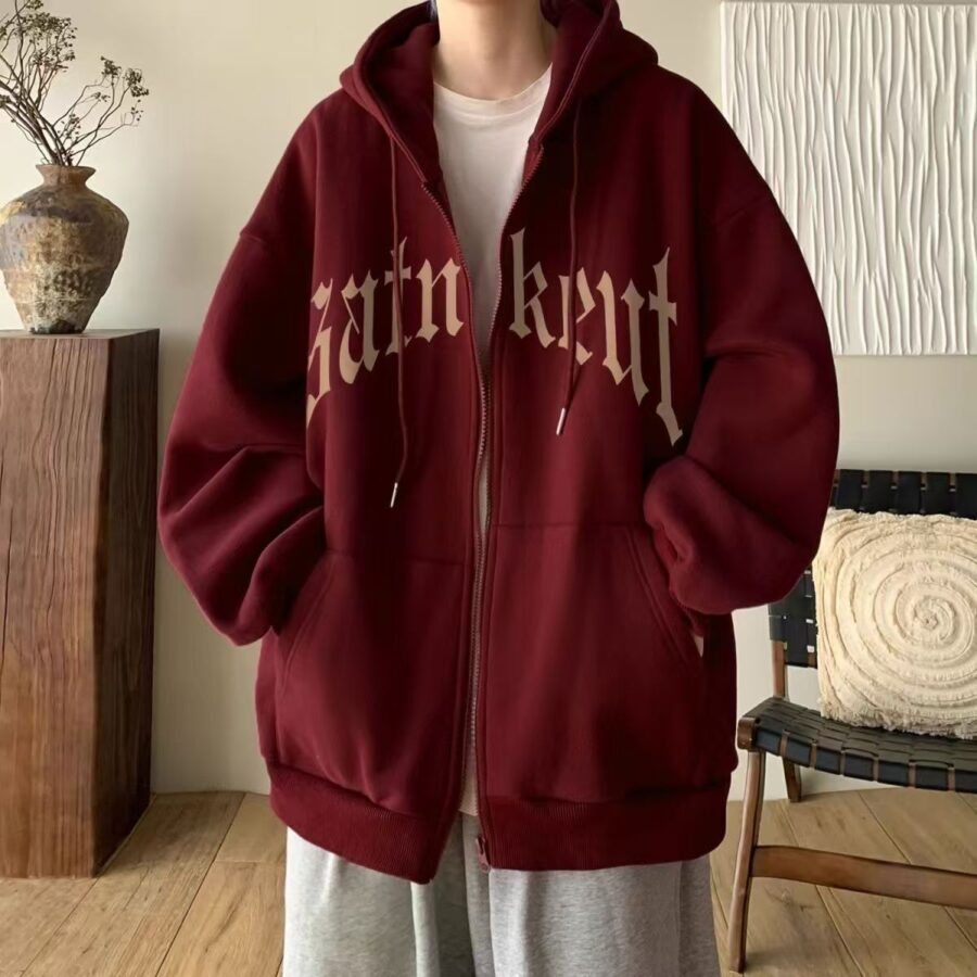 Thick fleece American casual letter print winter men’s zip hoodie