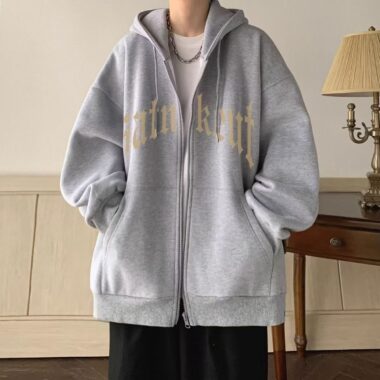 Thick fleece American casual letter print winter men’s zip hoodie