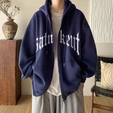 Thick fleece American casual letter print winter men’s zip hoodie