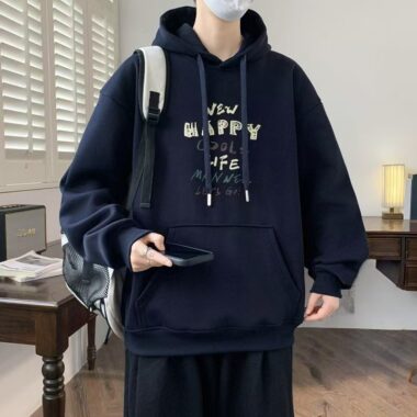 Thick stylish men’s autumn warm fleece pullover hoodie