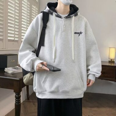 Thick stylish men’s autumn warm fleece pullover hoodie
