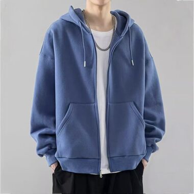 Simple fleece loose men’s winter warm zip hoodie