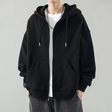 Simple fleece loose men’s winter warm zip hoodie