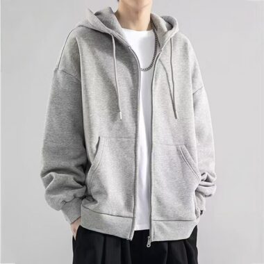 Simple fleece loose men’s winter warm zip hoodie
