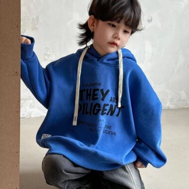 Thick fleece cartoon print boys hoodie for winter
