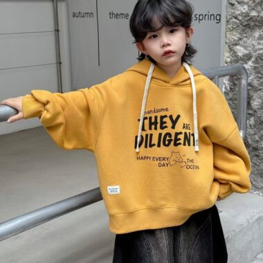 Thick fleece cartoon print boys hoodie for winter