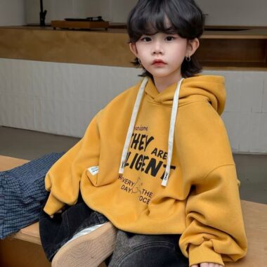 Thick fleece cartoon print boys hoodie for winter