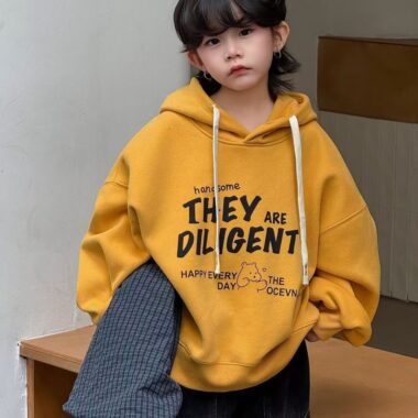 Thick fleece cartoon print boys hoodie for winter