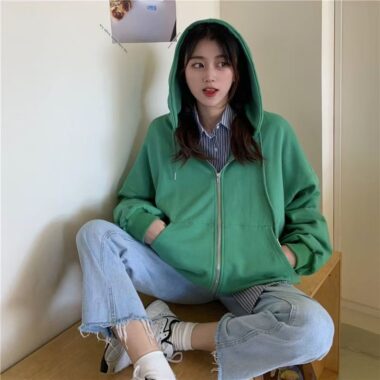 Solid thick loose women’s spring autumn fleece zip hoodie