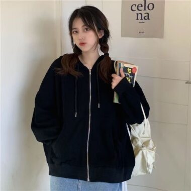 Solid thick loose women’s spring autumn fleece zip hoodie